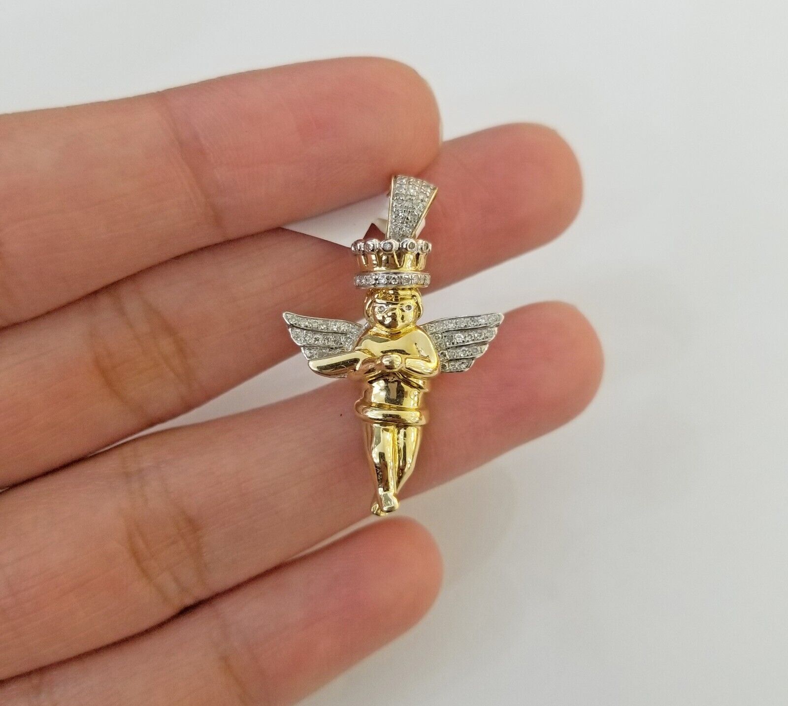 Real 10k Yellow Gold Angel Praying Hand Real Diamond Pendant Mini Angel Charm - GoldenlinQ